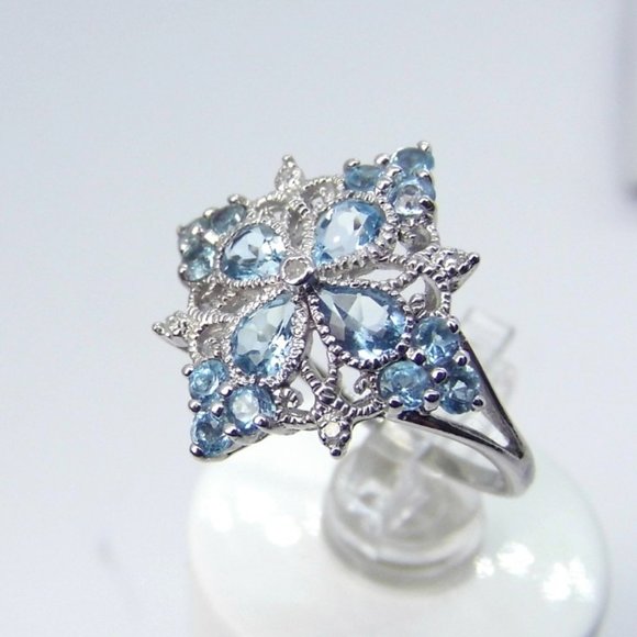 1.20ct Blue TOPAZ & Diamond 10K Gold Flower Ring - Picture 7 of 9